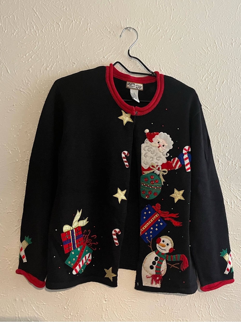 Vintage Festive Black Christmas Sweater Cardigan with Santa & Snowman Embroidery